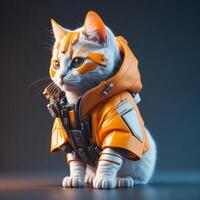 isometric view of a MINI cute hyperrealistic futuristic soldier cat wearing cyberpunk jacket. ai generated photo
