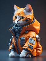 isometric view of a MINI cute hyperrealistic futuristic soldier cat wearing cyberpunk jacket. ai generated photo