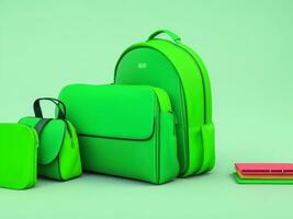 Back to school, School accessories with school bag on green background with copy space. Ready for school concept. 3D Rendering, 3D Illustration. ai generated photo