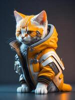 isometric view of a MINI cute hyperrealistic futuristic soldier cat wearing cyberpunk jacket. ai generated photo