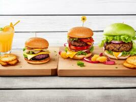 Group of fresh summer cocktails and burger at wooden board isolated at black background. ai generated photo