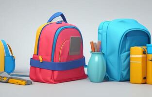 School accessories with school bag with copy space. Ready for school concept. 3D Rendering, 3D Illustration. ai generated photo