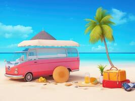 Ready for summer travel. van with deck chair and beach accessory, 3D Rendering, 3D Illustration. ai generated photo