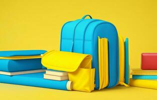 School accessories with school bag with copy space. Ready for school concept. 3D Rendering, 3D Illustration. ai generated photo