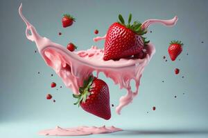 Strawberries, strawberry-colored yogurt flying around. ai generated photo