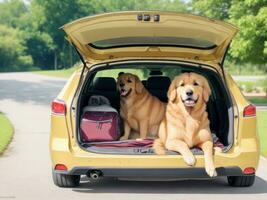 Golden retriever dog sitting in car trunk ready for a vacation trip. ai generated photo