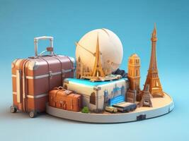 suitcase full of landmarks and travel accessory on 3D Rendering, 3D Illustration. ai generated photo