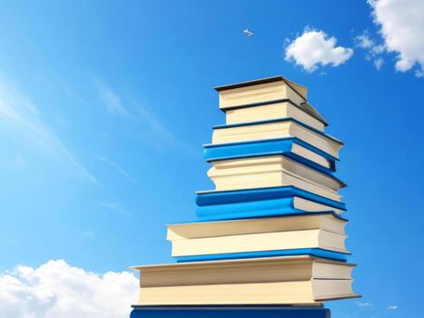 Abstract book stack with on sky with clouds background. going on a huge stack of books. ai generated photo