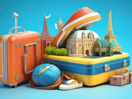 suitcase full of landmarks and travel accessory on 3D Rendering, 3D Illustration. ai generated photo