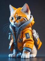 isometric view of a MINI cute hyperrealistic futuristic soldier cat wearing cyberpunk jacket. ai generated photo
