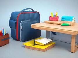 School desk with bag and school accessory on with copy space 3D Rendering, 3D Illustration. ai generated photo