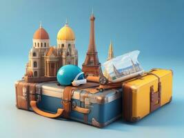 suitcase full of landmarks and travel accessory on 3D Rendering, 3D Illustration. ai generated photo