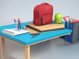 School desk with bag and school accessory on with copy space 3D Rendering, 3D Illustration. ai generated photo