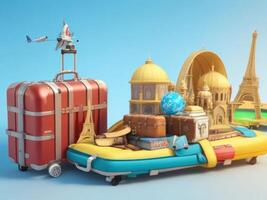 suitcase full of landmarks and travel accessory on 3D Rendering, 3D Illustration. ai generated photo
