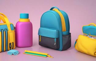 School accessories with school bag with copy space. Ready for school concept. 3D Rendering, 3D Illustration. ai generated photo