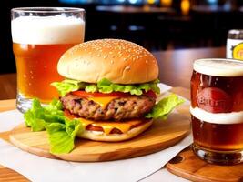 Burger with beer on the table in a bar pub. ai generated photo