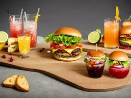 Group of fresh summer cocktails and burger at wooden board isolated at black background. ai generated photo