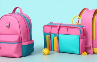 School accessories with school bag with copy space. Ready for school concept. 3D Rendering, 3D Illustration. ai generated photo