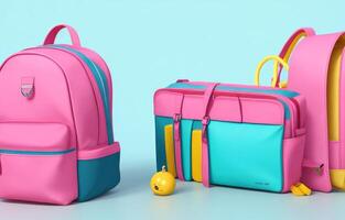 School accessories with school bag with copy space. Ready for school concept. 3D Rendering, 3D Illustration. ai generated photo