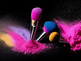 Cosmetic brushes and explosion colorful powders on black background. Make up brush with powder. ai generated photo