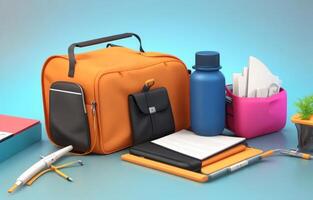 School desk with bag and school accessory on with copy space 3D Rendering, 3D Illustration. ai generated photo