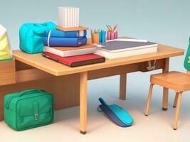 School desk with bag and school accessory on with copy space 3D Rendering, 3D Illustration. ai generated photo