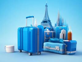 Blue suitcase full of landmarks and travel accessory on 3D Rendering, 3D Illustration. ai generated photo