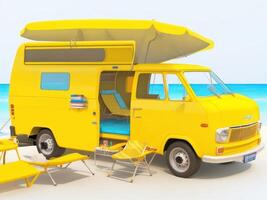 Ready for summer travel. Yellow van with deck chair and beach accessory, 3D Rendering, 3D Illustration. ai generated photo