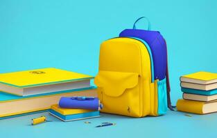 School accessories with school bag with copy space. Ready for school concept. 3D Rendering, 3D Illustration. ai generated photo