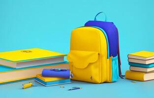 School accessories with school bag with copy space. Ready for school concept. 3D Rendering, 3D Illustration. ai generated photo