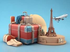 suitcase full of landmarks and travel accessory on 3D Rendering, 3D Illustration. ai generated photo