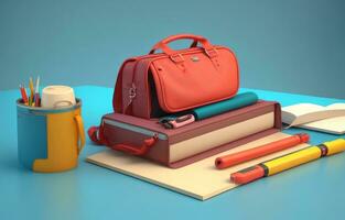 School accessories with school bag with copy space. Ready for school concept. 3D Rendering, 3D Illustration. ai generated photo