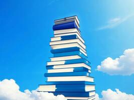 Abstract book stack with on sky with clouds background. going on a huge stack of books. ai generated photo