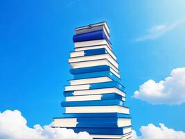 Abstract book stack with on sky with clouds background. going on a huge stack of books. ai generated photo