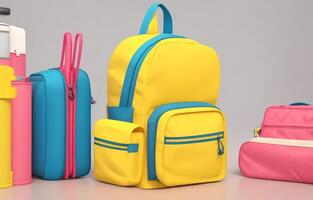 School accessories with school bag with copy space. Ready for school concept. 3D Rendering, 3D Illustration. ai generated photo