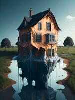 Realistic house with a melting effect. ai generated photo