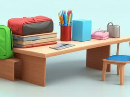 School desk with bag and school accessory on with copy space 3D Rendering, 3D Illustration. ai generated photo