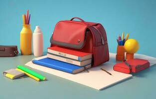 School accessories with school bag with copy space. Ready for school concept. 3D Rendering, 3D Illustration. ai generated photo