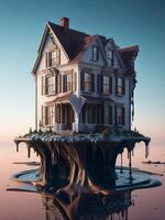 Realistic house with a melting effect. ai generated photo
