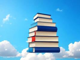 Abstract book stack with on sky with clouds background. going on a huge stack of books. ai generated photo