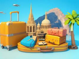 suitcase full of landmarks and travel accessory on 3D Rendering, 3D Illustration. ai generated photo