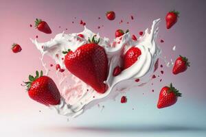 Strawberries, strawberry-colored yogurt flying around. ai generated photo