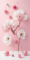 In the middle of the photo, pink cherry. ai generated photo
