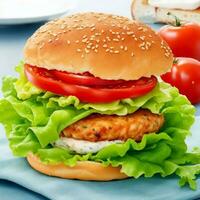 Crisp chicken burger with tomato onion cheese lettuce. ai generated photo