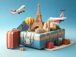 suitcase full of landmarks and travel accessory on 3D Rendering, 3D Illustration. ai generated photo