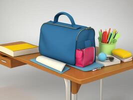 School desk with bag and school accessory on with copy space 3D Rendering, 3D Illustration. ai generated photo