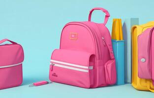School accessories with school bag with copy space. Ready for school concept. 3D Rendering, 3D Illustration. ai generated photo