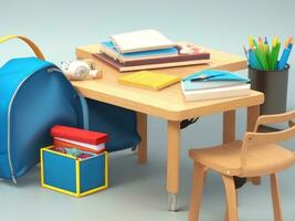 School desk with bag and school accessory on with copy space 3D Rendering, 3D Illustration. ai generated photo