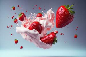Strawberries, strawberry-colored yogurt flying around. ai generated photo
