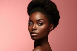 Beautiful african american woman with perfect skin on pink background Ai generated photo